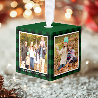 Uw familie 4 Foto Collage Green Play Kubus Ornament