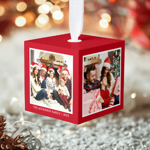 Uw familie 4 fotocollage rood kubus ornament