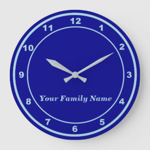 Uw familienaam op blauwe ronde wandklok grote klok