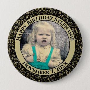 Uw foto 100th Birthday Number Pattern Zwart Ronde Button 4,0 Cm
