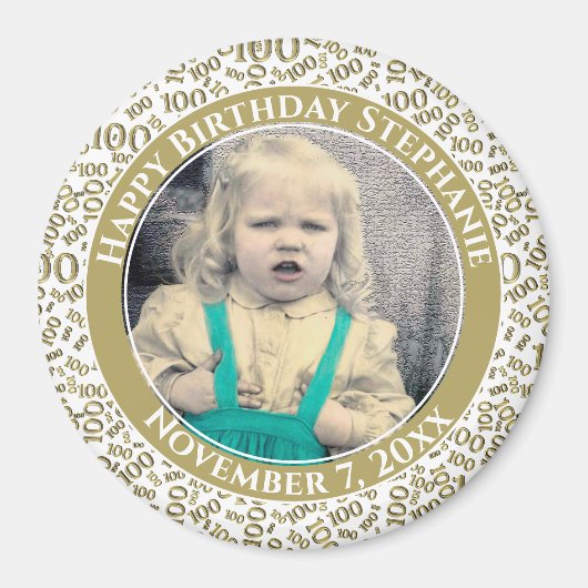 Uw foto 100th Birthday Pattern Gold/White Magneet (Voorkant)