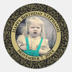 Uw foto 100th Birthday Pattern Zwart/goud Ronde Sticker