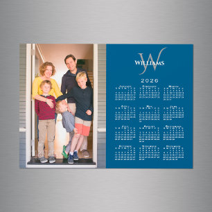Uw foto 2026 kalender monogram naam blauwe magneet