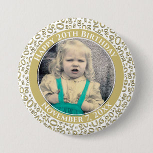 Uw foto 20ste verjaardag Willekeurig nummer Goud Ronde Button 7,6 Cm
