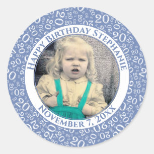 Uw foto 20th Birthday Number   Blauw/wit 20 Ronde Sticker