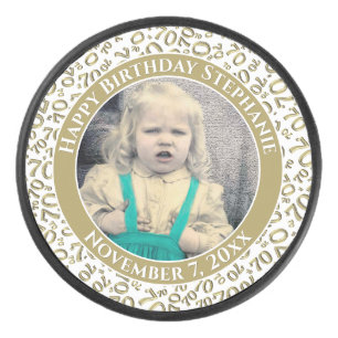 Uw foto 70e willekeurige nummer patroon goud/wit hockey puck