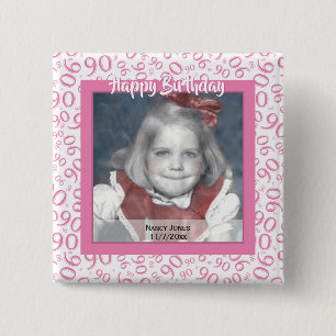 Uw foto: 90th Number Pattern roze and White Vierkante Button 5,1 Cm