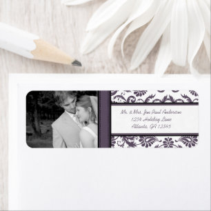 Uw foto Bruiloft Aubergine Damask Etiket