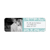 Uw foto Bruiloft  Damask Aqua Blue Etiket (Voorkant)