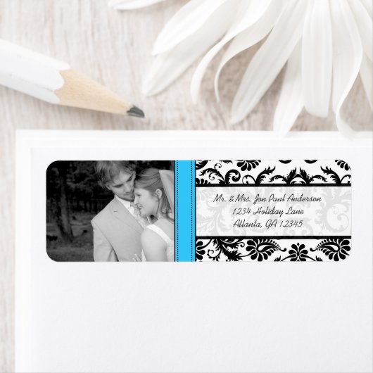 Uw foto Bruiloft  Lite Bright Aqua Damask Etiket (Insitu)