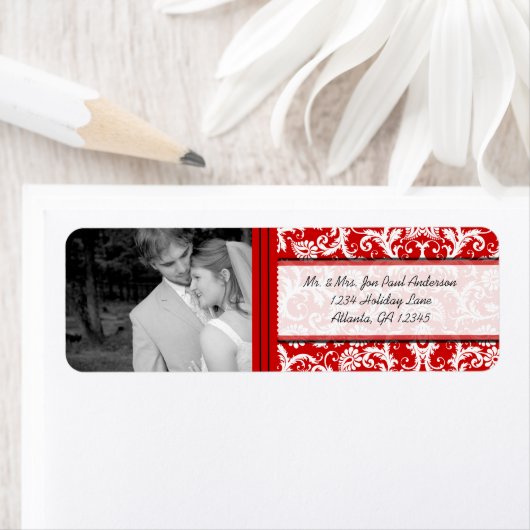 Uw foto Bruiloft Rood Damask Etiket (Insitu)