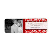 Uw foto Bruiloft Rood Damask Etiket (Voorkant)
