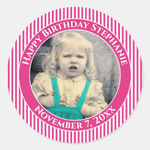 Uw foto Eenvoudige Stripes Patroon Fuchsia/Wit Ronde Sticker