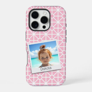 Uw foto op roze en wit patroon iPhone 16 pro hoesje