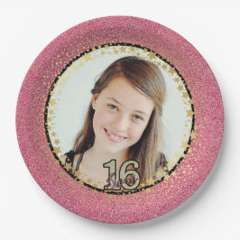 Uw foto weet 16 met roze glitter Bowl-papier P Papieren Bordje