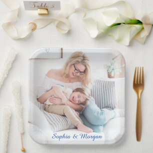 Uw foto's en namen in blauw script papieren bordje