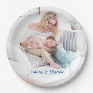Uw foto's en namen in blauw script papieren bordje