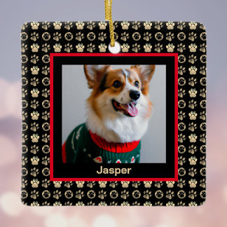 Uw Hond Foto met Gouden Pawprints op Zwart Keramisch Ornament