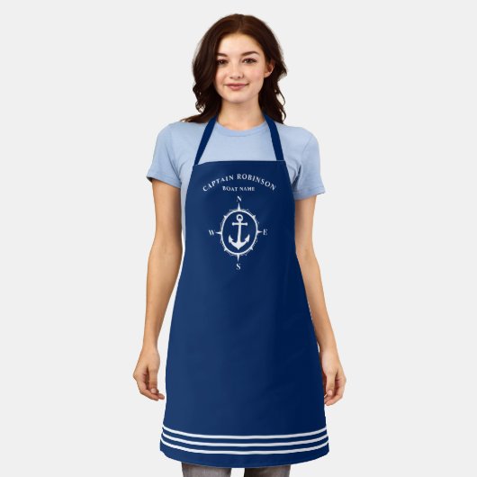 Uw kapitein en bootnaam Anchor Compass Navy Schort (Gedragen)