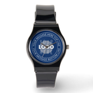 Uw Logo &  circulaire tekst   Marine Blauw Horloge