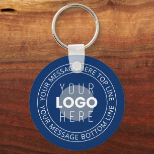 Uw Logo &  circulaire tekst   Marine Blauw Sleutelhanger
