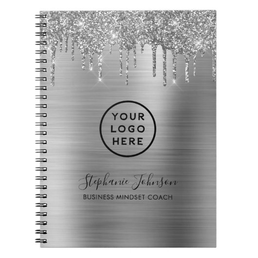 Uw Logo Elegant Silver Metallic Glitter Drip Notitieboek (Voorkant)