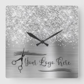 Uw Logo Glittery Silver Glam Vierkante Klok (Voorkant)