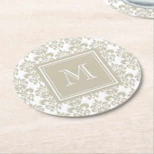 Uw monogram, Beige Damask Patroon 2 Ronde Kartonnen Onderzetter