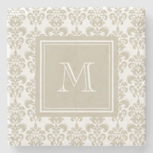 Uw monogram, Beige Damask Patroon 2 Stenen Onderzetter