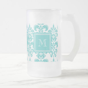 Uw monogram, Blauwgroen Damascus Patroon 2 Matglas Bierpul