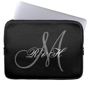 UW MONOGRAM-INITIALEN EENVOUDIGE ZWARTE GRAY LAPTOP SLEEVE