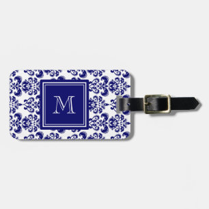 Uw monogram, Navy Blue Damask Pattern 2 Bagagelabel