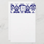 Uw monogram, Navy Blue Damask Pattern 2 Briefpapier (Voorkant / Achterkant)
