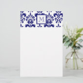 Uw monogram, Navy Blue Damask Pattern 2 Briefpapier (Staand voorkant)