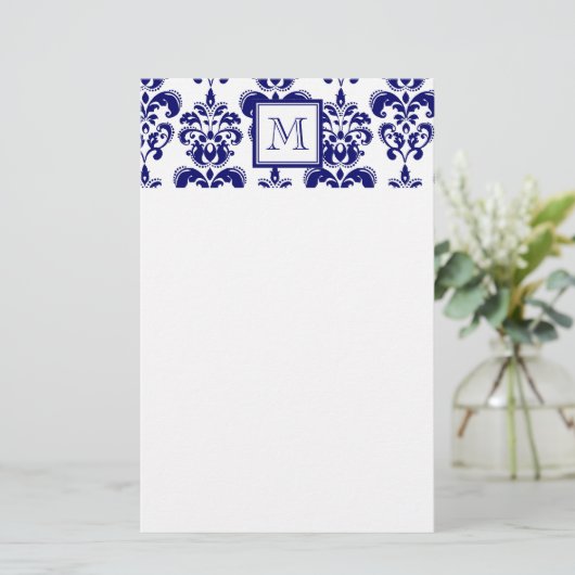 Uw monogram, Navy Blue Damask Pattern 2 Briefpapier (Staand voorkant)