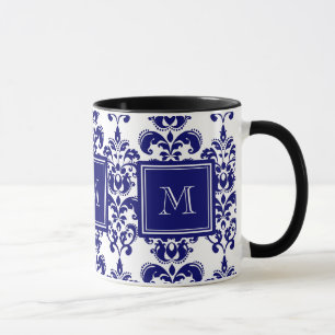 Uw monogram, Navy Blue Damask Pattern 2 Mok