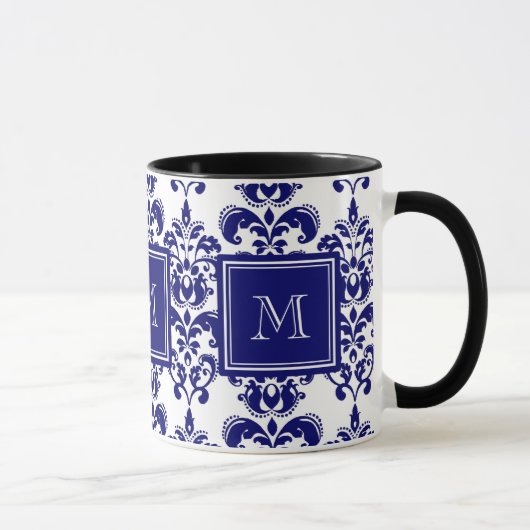 Uw monogram, Navy Blue Damask Pattern 2 Mok (Rechts)