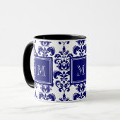 Uw monogram, Navy Blue Damask Pattern 2 Mok (Voorkant links)