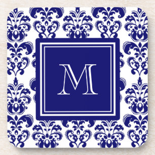 Uw monogram, Navy Blue Damask Pattern 2 Onderzetter