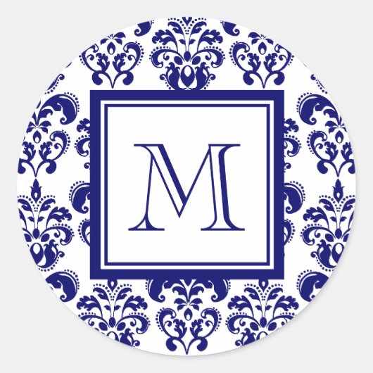 Uw monogram, Navy Blue Damask Pattern 2 Ronde Sticker (Voorkant)