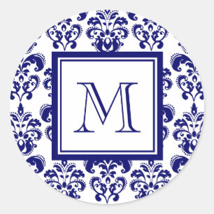 Uw monogram, Navy Blue Damask Pattern 2 Ronde Sticker
