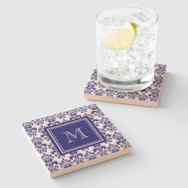 Uw monogram, Navy Blue Damask Pattern 2 Stenen Onderzetter