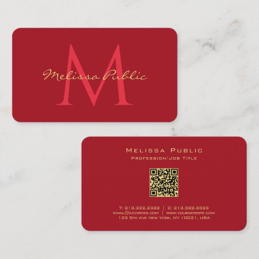 Uw QR Code Gold Text Name Script Ruby Red Visitekaartje (Voorkant / Achterkant)