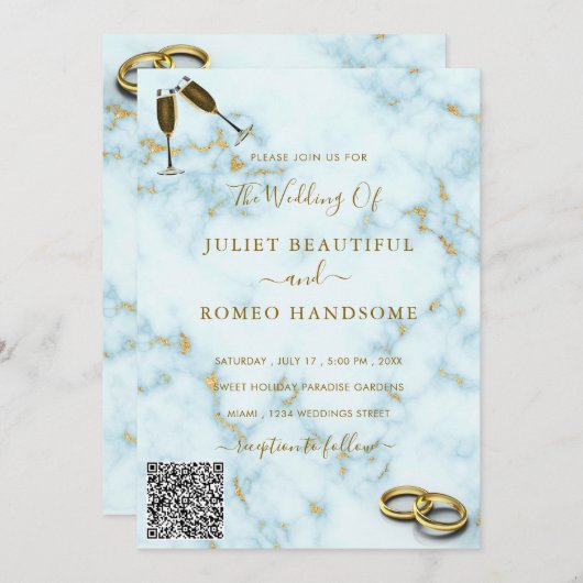 Uw QR Code Goud Wit Marmer Bruiloft Uitnodiging (Voorkant / Achterkant)