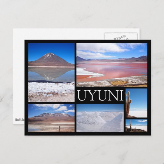 Uyuni multiple image collage noir texte carte post (Devant / Derrière)