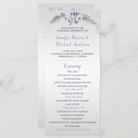 V#2 Paarse Grijs Zilver Bloemen bruiloft programma (Voorkant / Achterkant)