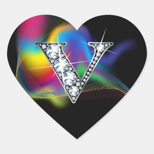 "V" Diamond Bling on Rainbow Swirl Heart Sticker (Voorkant)