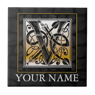 V "Jouw naam" Celtic Black Stone Monogram Tegel Tegeltje