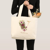 V Letter Gold Monogram Marsala White Florals Grote Tote Bag (Voorkant (product))