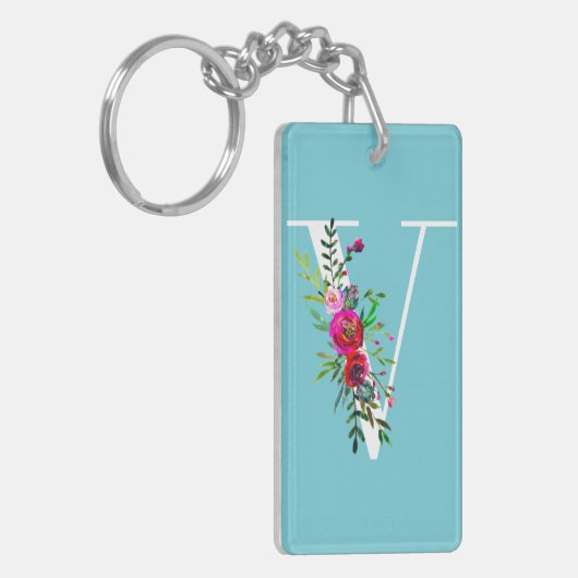 V Letter Initiaal Monogram Bloemen Aangepaste Kleu Sleutelhanger (Voorkant Links)